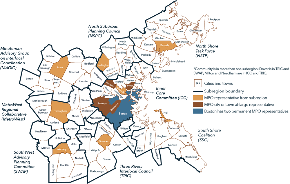 A map showing the 97 cities and towns that make up the Boston Region, including the eight subregions communities are grouped into.